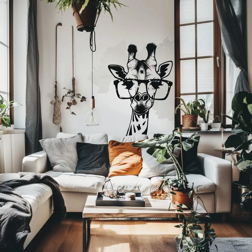 Monochrome Giraffe Wall Sticker with Glasses | Minimalist Black and White Animal Decals | Modern Living Room Decor | Chic Giraffe Wall Art