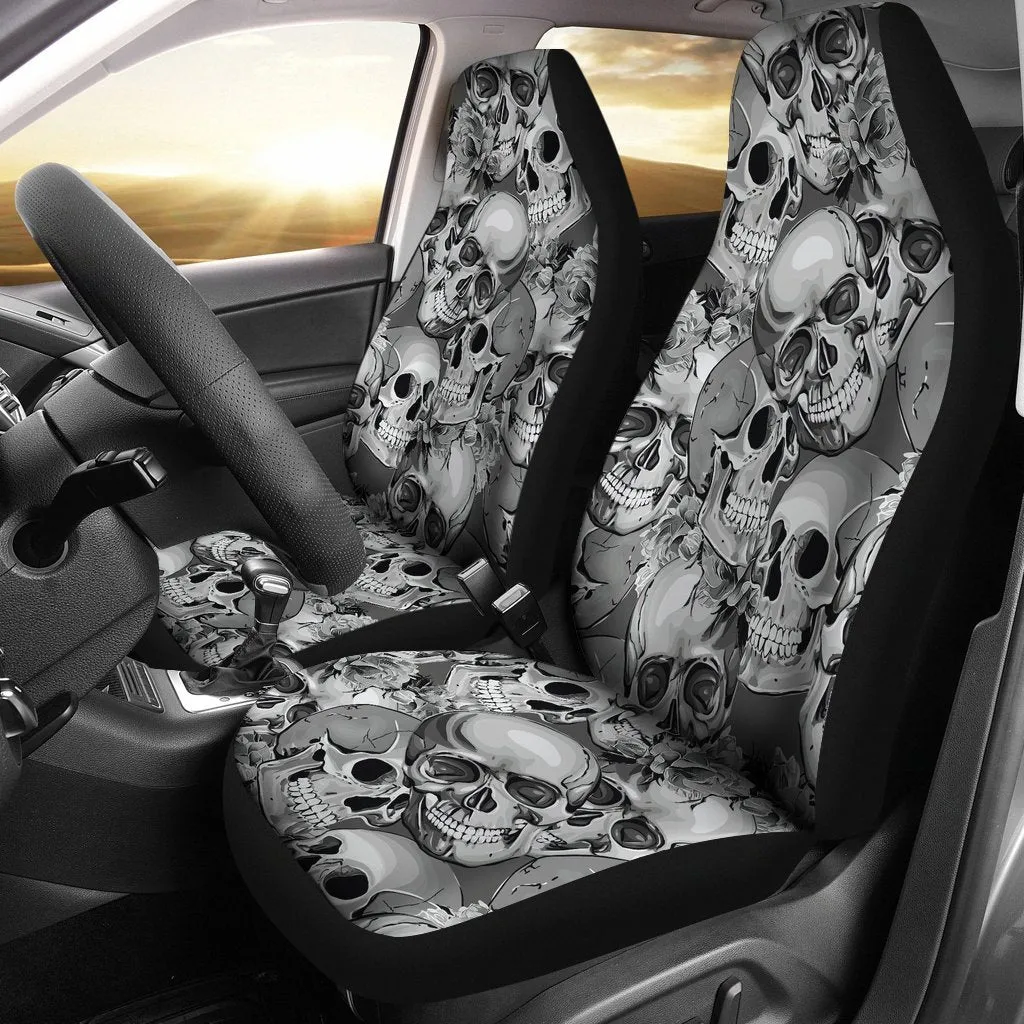 Monochrome Skull Flowers Pattern Print Universal Fit Car Seat Covers