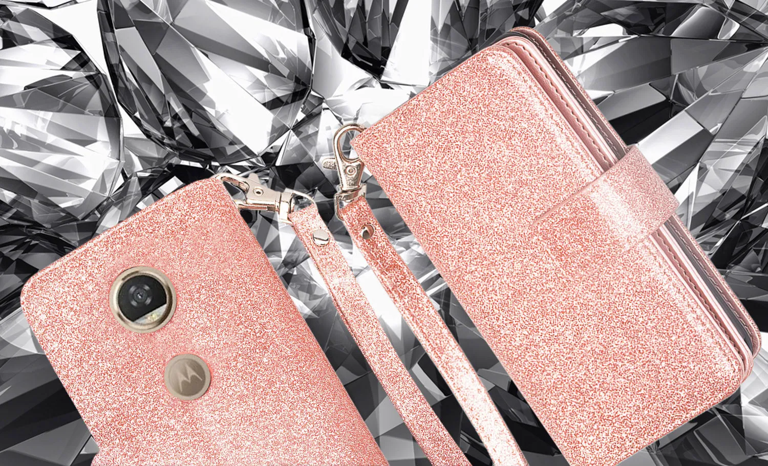 Motorola Moto Z2 Force Edition Case, Moto Z2 Force wallet Case, [Wrist Strap] Glitter Faux Leather Flip [Kickstand Feature] Protective Wallet Case Clutch - Rose Gold