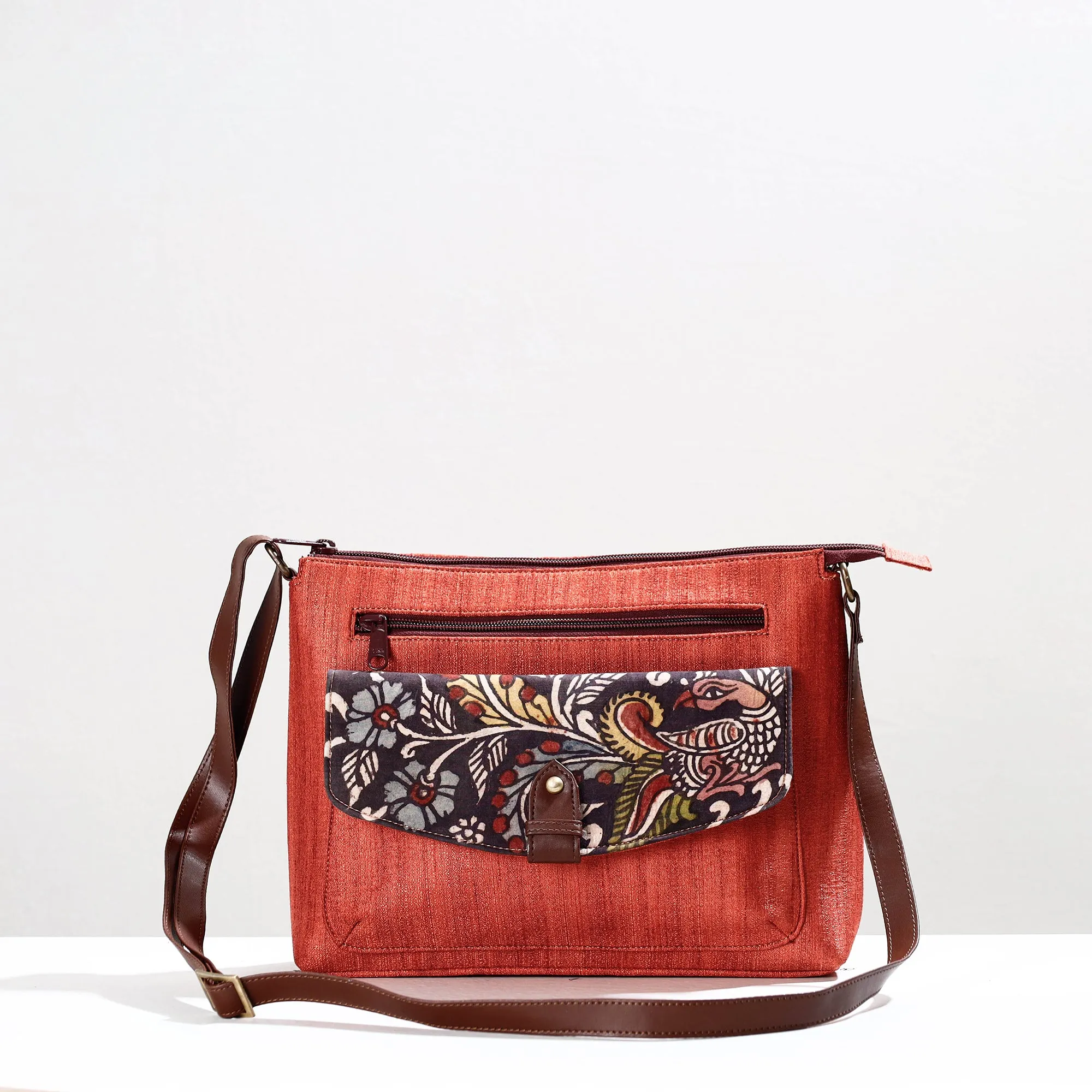 Orange - Handpainted Kalamkari Natural Dyed Ghicha Silk Sling Bag
