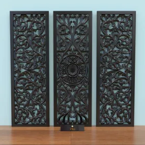 Premium Wooden Decoration Hand Carved 3 Wall Panel (MDF Wood, Black)