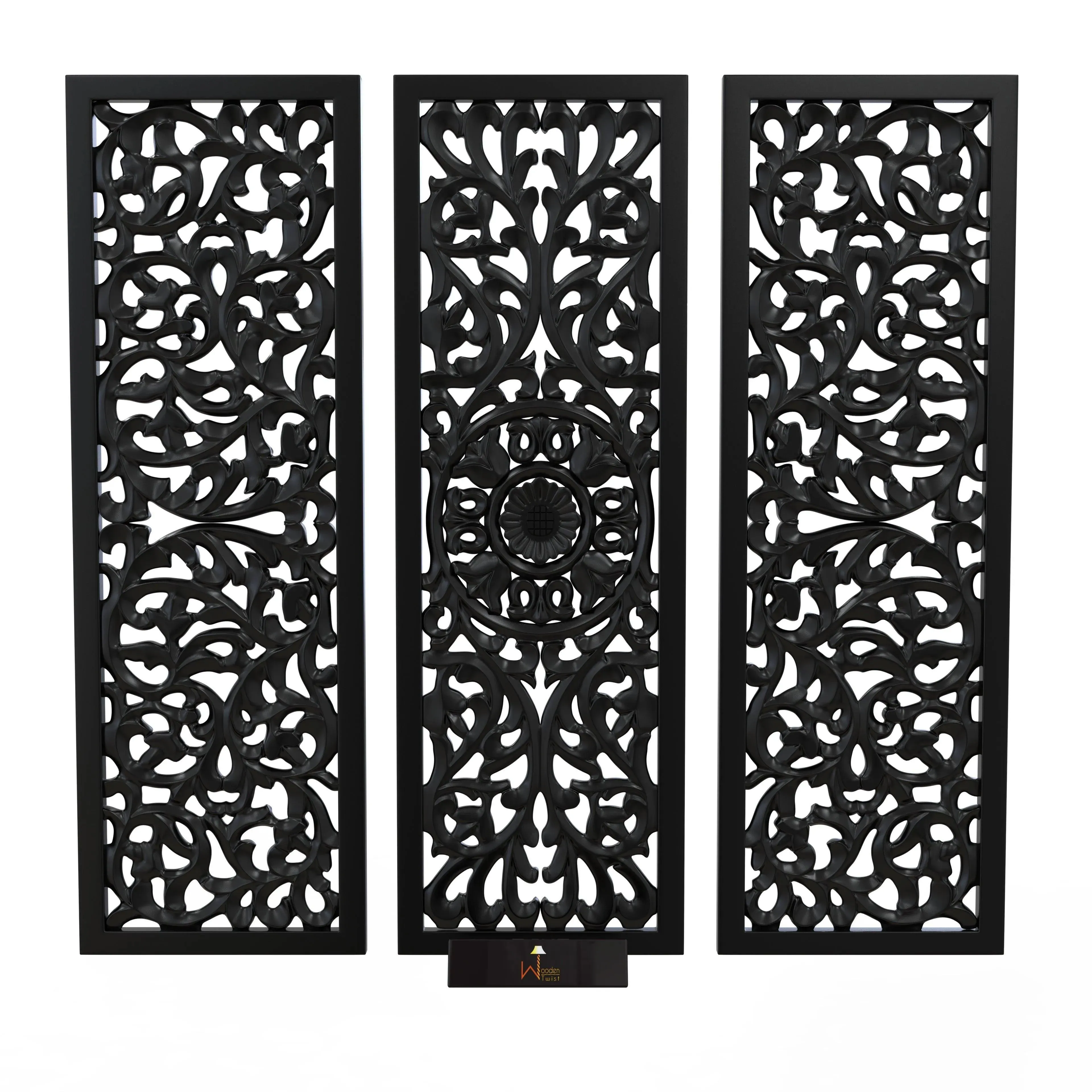 Premium Wooden Decoration Hand Carved 3 Wall Panel (MDF Wood, Black)