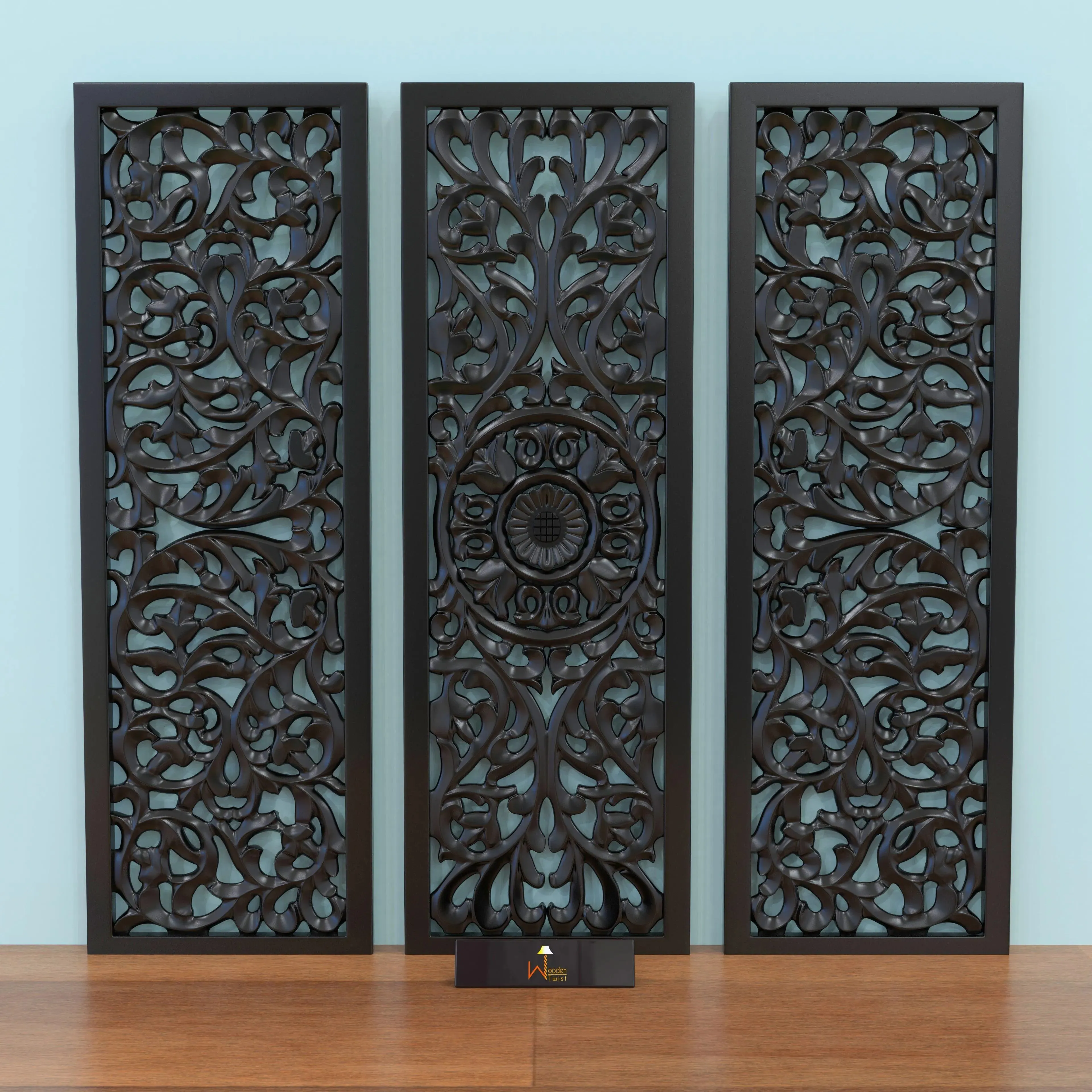 Premium Wooden Decoration Hand Carved 3 Wall Panel (MDF Wood, Black)