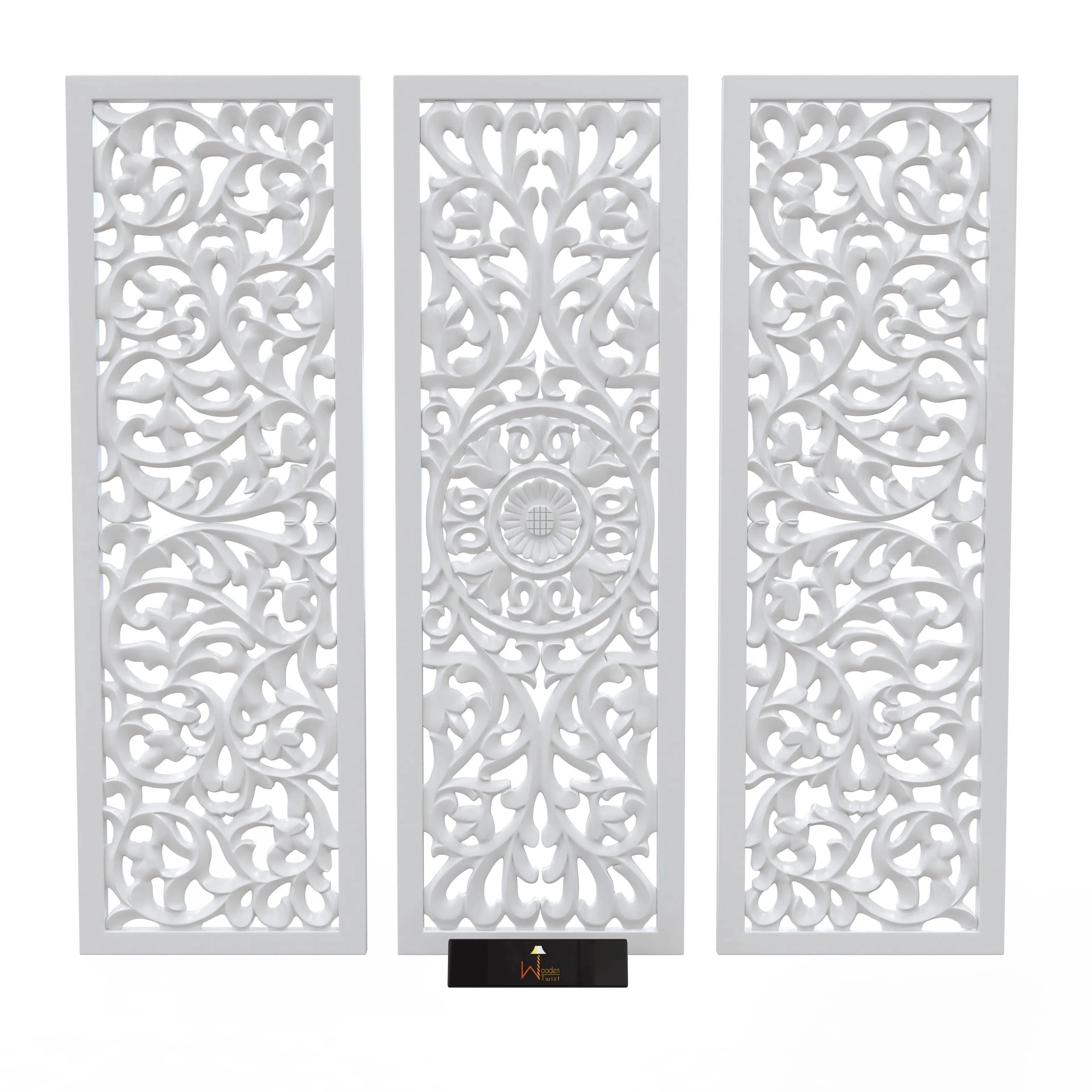 Premium Wooden Decoration Hand Carved 3 Wall Panel (MDF Wood, White)