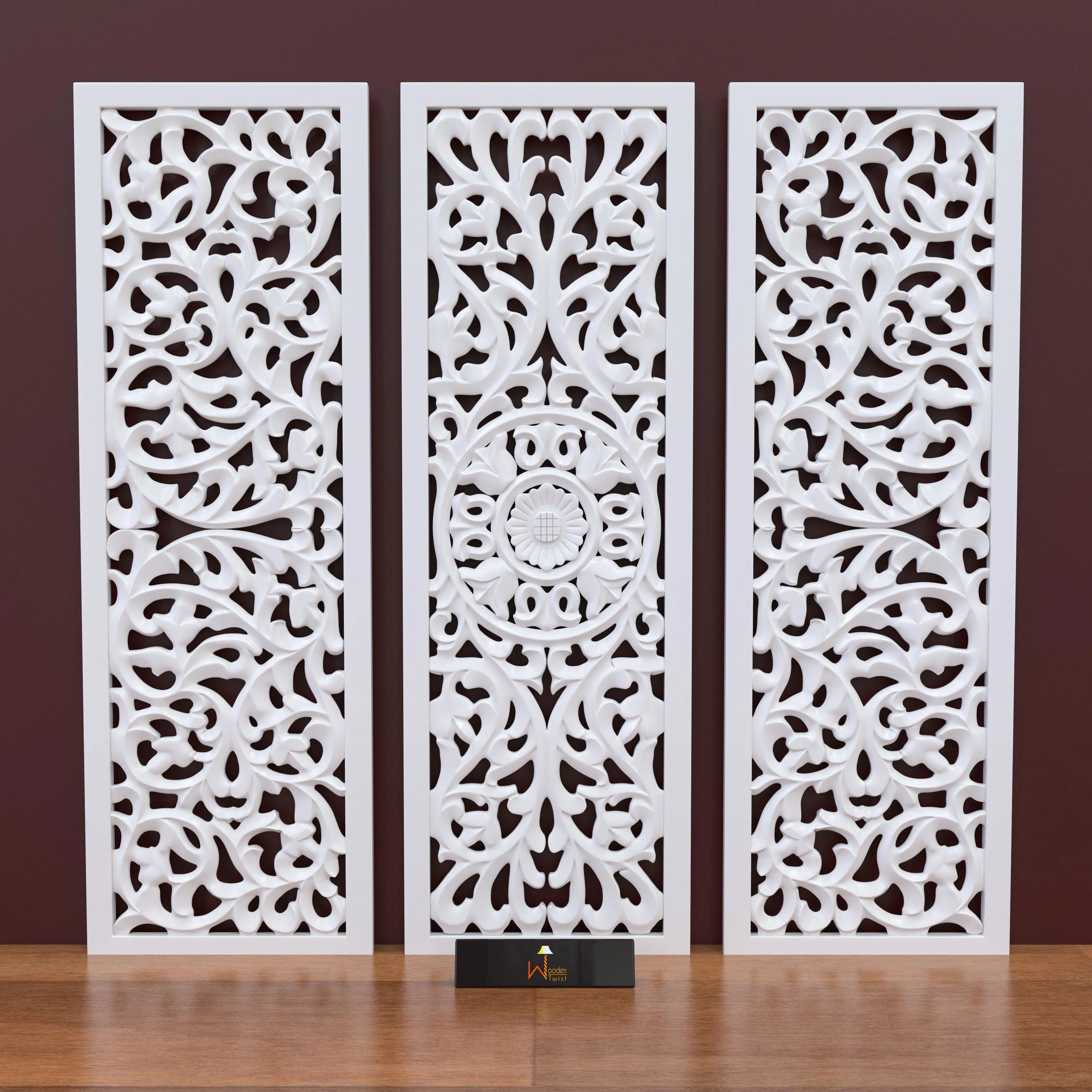 Premium Wooden Decoration Hand Carved 3 Wall Panel (MDF Wood, White)