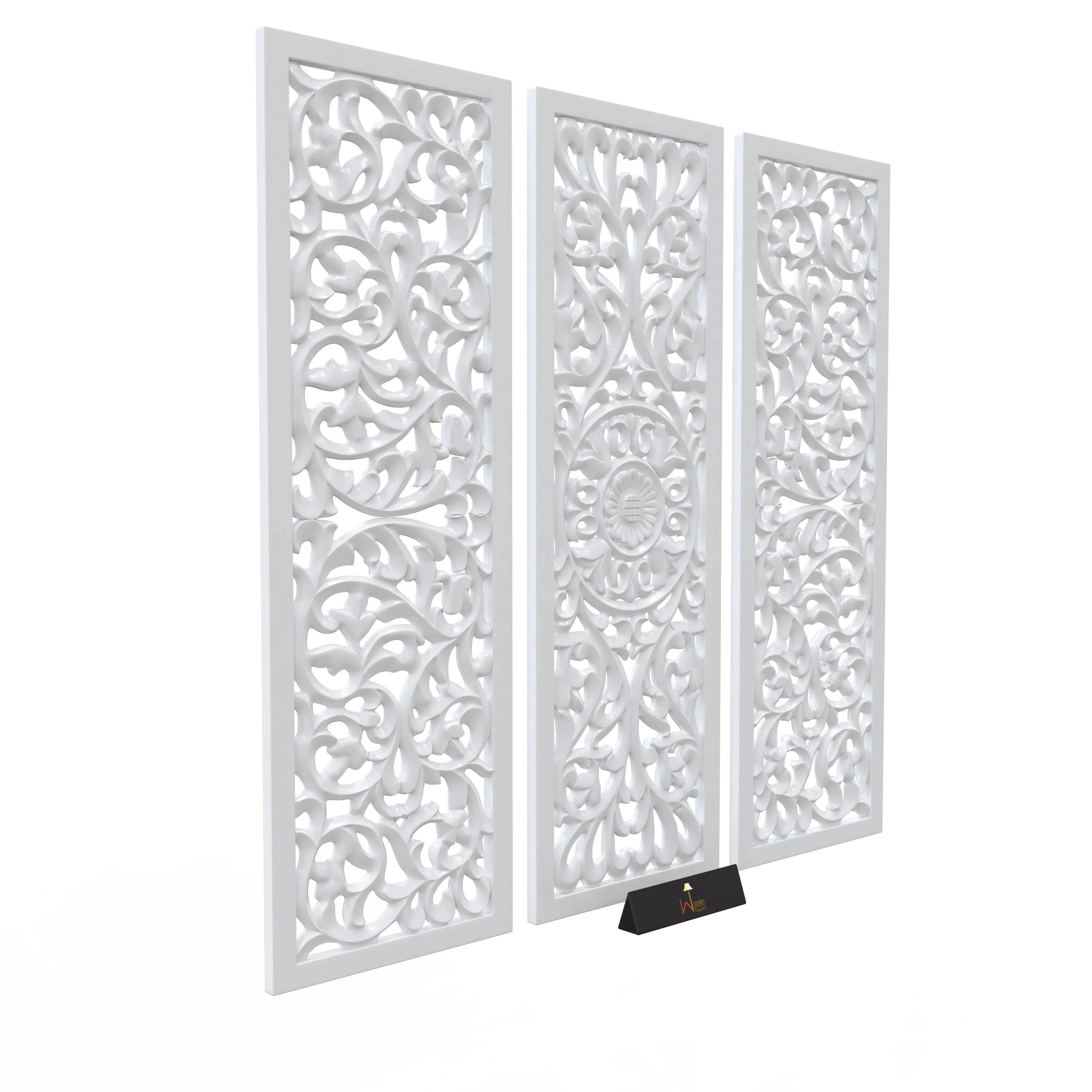 Premium Wooden Decoration Hand Carved 3 Wall Panel (MDF Wood, White)