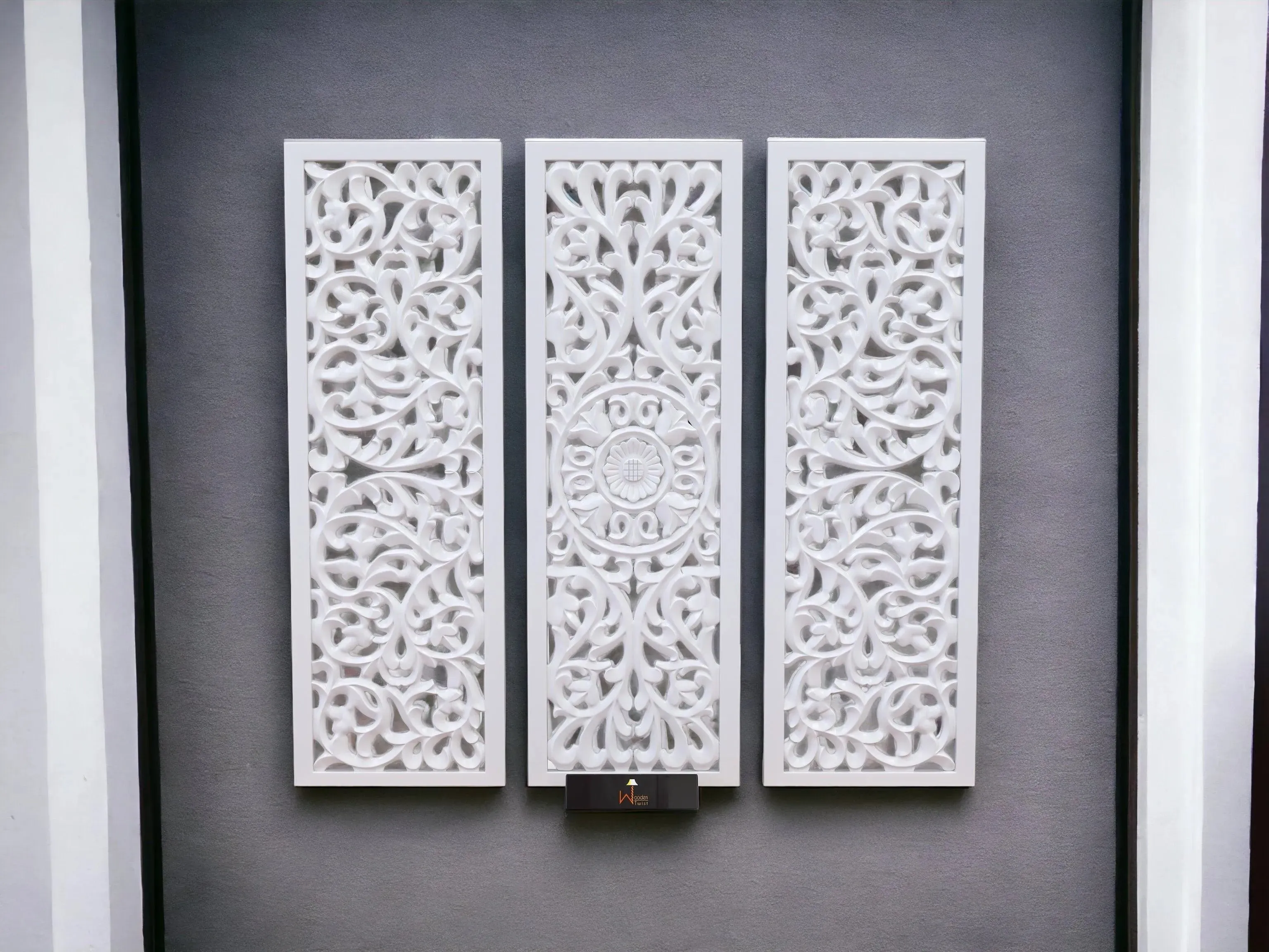 Premium Wooden Decoration Hand Carved 3 Wall Panel (MDF Wood, White)