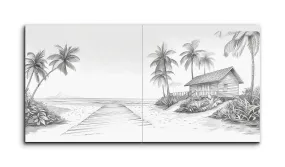 Serene Beach Diptych: Monochrome Boardwalk & Hut