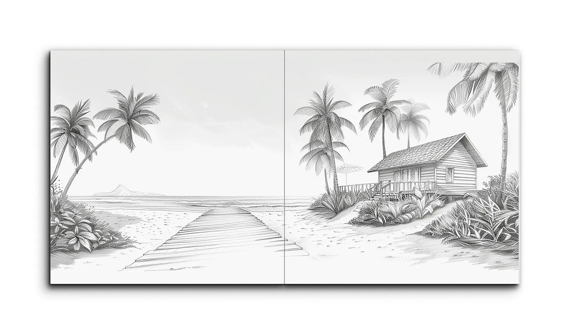 Serene Beach Diptych: Monochrome Boardwalk & Hut