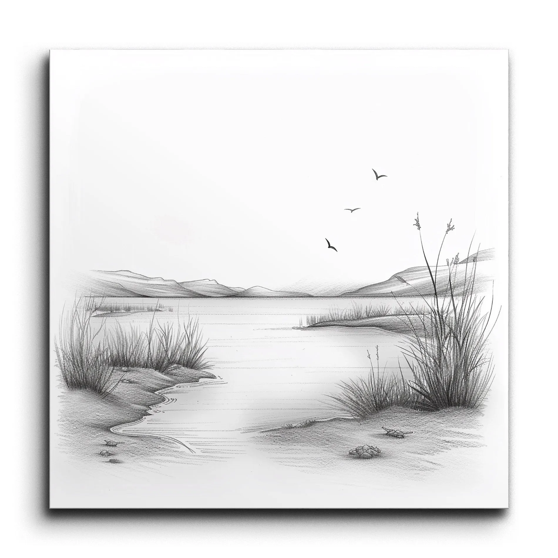 Serene Monochrome Landscape with Flying Birds