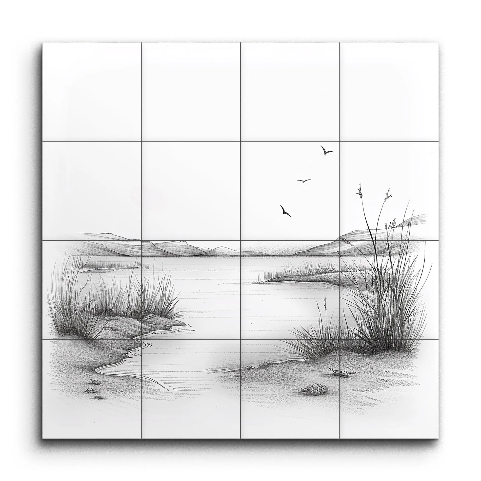 Serene Monochrome Landscape with Flying Birds