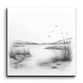 Serene Monochrome Landscape with Flying Birds