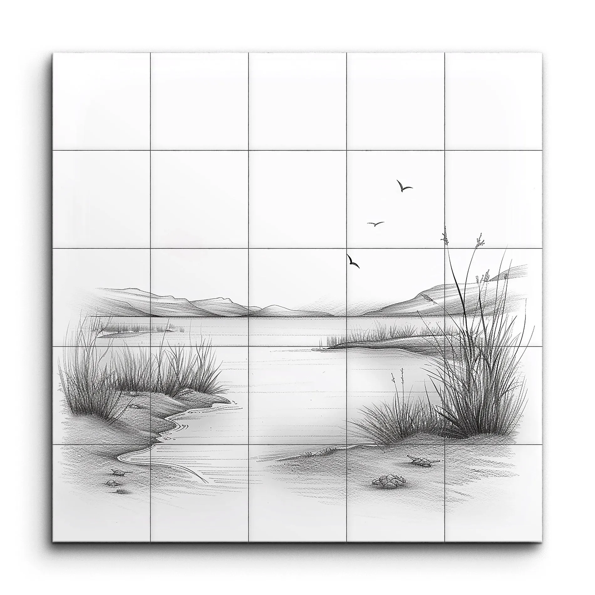 Serene Monochrome Landscape with Flying Birds