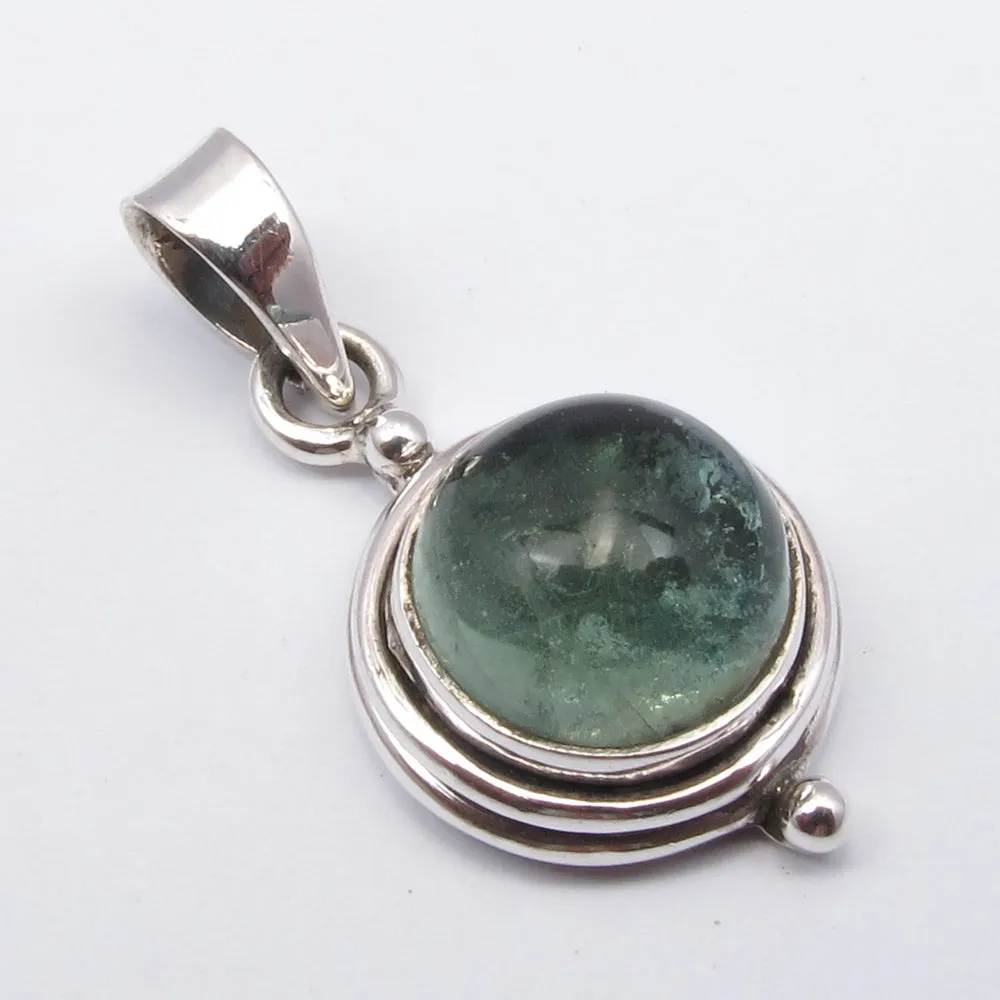 Solid Silver Apatite Encased Round Cabochon Pendant