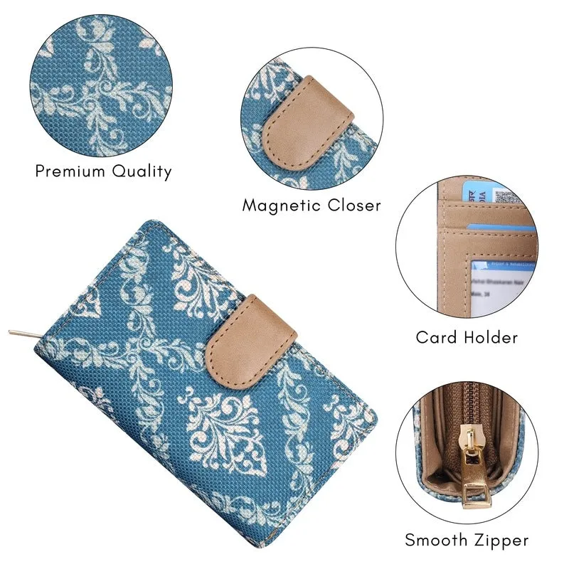 THE CLOWNFISH Fab Series Printed Handicraft Fabric & Vegan Leather Ladies Wallet Clutch Purse for Women Girls with Multiple Compartments (Multicolour-Rainbow)