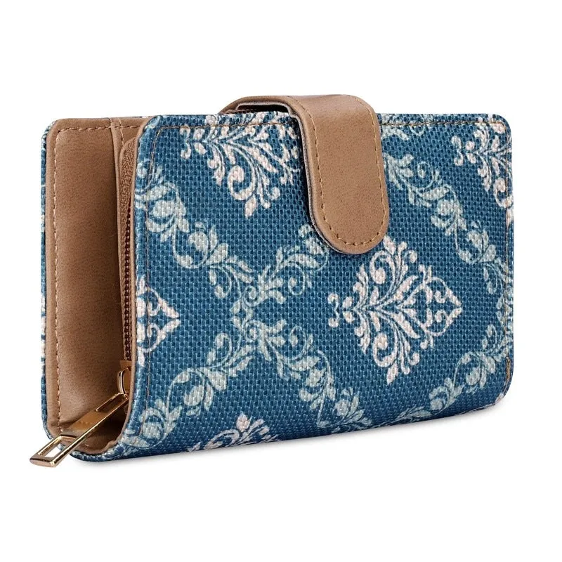 THE CLOWNFISH Fab Series Printed Handicraft Fabric & Vegan Leather Ladies Wallet Clutch Purse for Women Girls with Multiple Compartments (Multicolour-Rainbow)