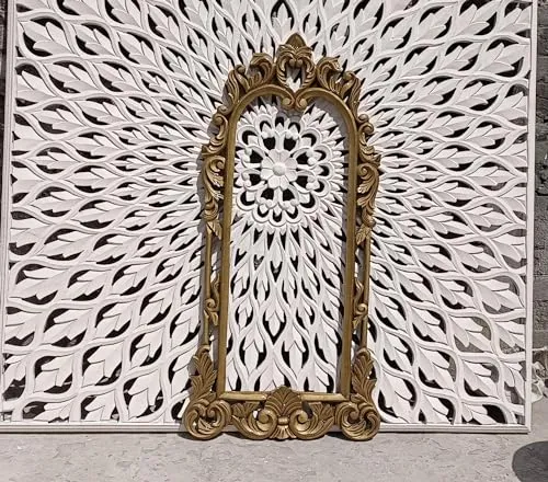 THE SARA ENTERPRISES Hand Crafted Round Distressed Finished Vanity Wall Mirror for Living Room, (18x36 Inches), Frame (Color Gold) No Glass Only Frame