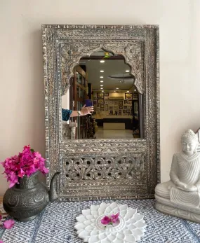 THE SARA ENTERPRISES Handcarved Wooden Wall Mirror Frame Whitout Mirror Colour Antique Grey Size (24x36) inch, Jharokha Mirror, Wall Decor, Distressed Rustic Finish, Intricately Hand Carved Vintage
