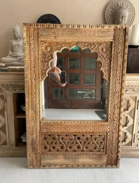 THE SARA ENTERPRISES Handcarved Wooden Wall Mirror Frame Whitout Mirror Colour Natural Brown, Jharokha Mirror, Wall Decor, Distressed Rustic Finish, Intricately Hand Carved Vintage Wood Mirror