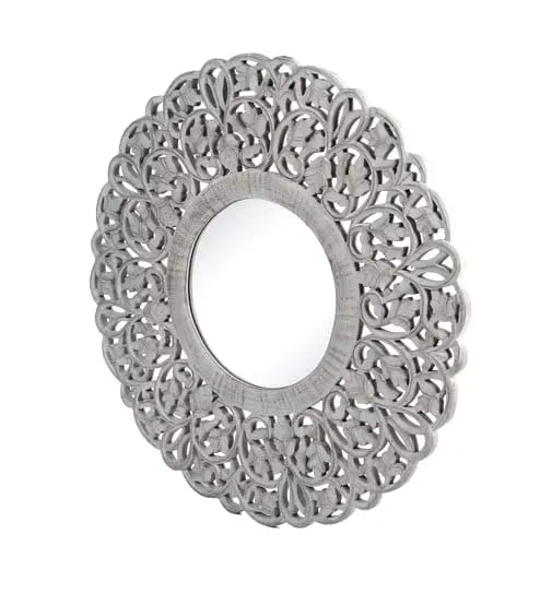 THE SARA ENTERPRISES Wooden Wall Mirror Frame Size (24 x 24) inch Round Colour White Antique encoitry Wooden Hand Carved Decorative Hanging Round Wall Mount