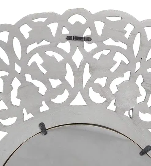 THE SARA ENTERPRISES Wooden Wall Mirror Frame Size (24 x 24) inch Round Colour White Antique encoitry Wooden Hand Carved Decorative Hanging Round Wall Mount