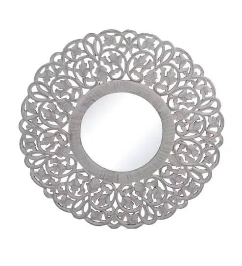 THE SARA ENTERPRISES Wooden Wall Mirror Frame Size (24 x 24) inch Round Colour White Antique encoitry Wooden Hand Carved Decorative Hanging Round Wall Mount