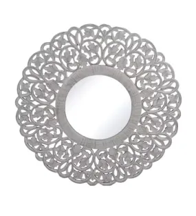 THE SARA ENTERPRISES Wooden Wall Mirror Frame Size (24 x 24) inch Round Colour White Antique encoitry Wooden Hand Carved Decorative Hanging Round Wall Mount