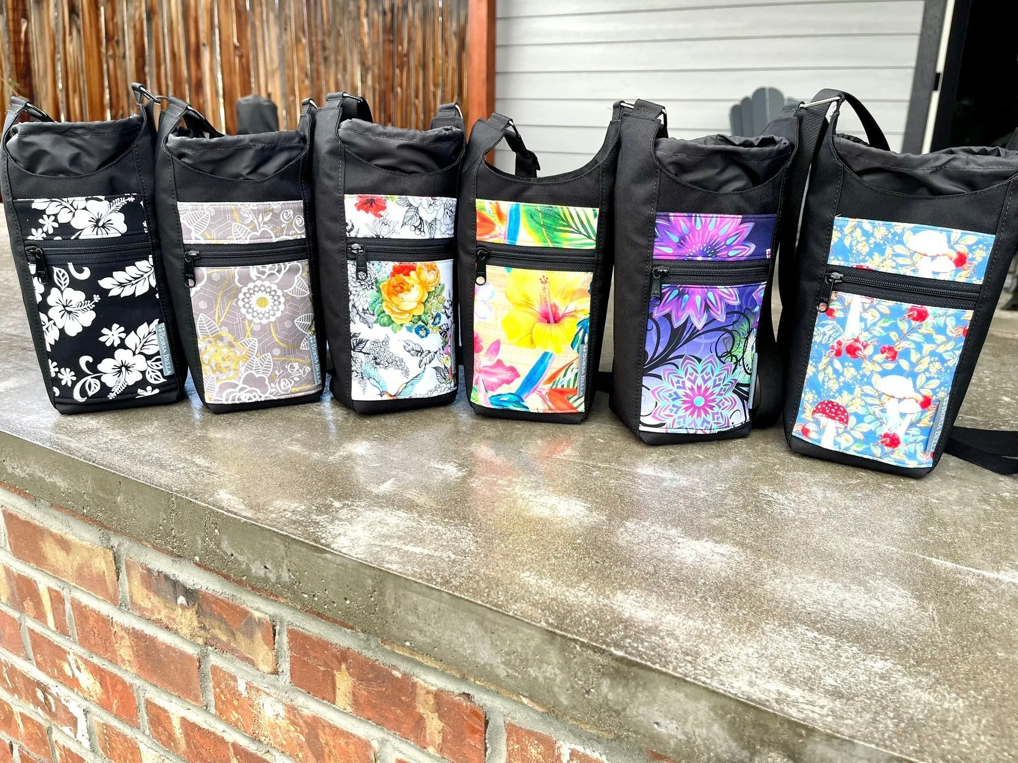 Water Bottle Crossbody Bag - Day Drinker - Metallic Dawn Fabric Pocket