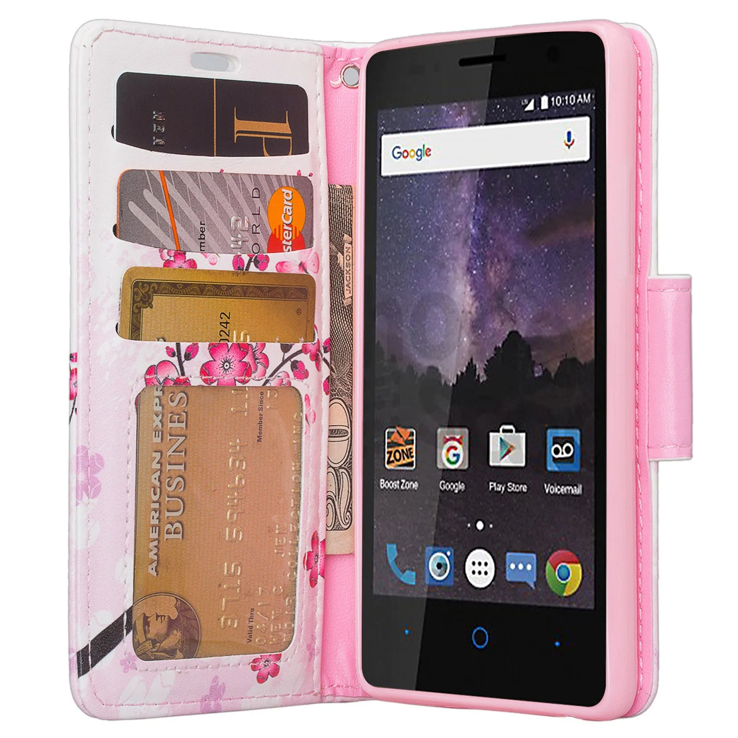 ZTE Majesty Pro, Majesty Pro Plus, Tempo Cover, Pu Leather Magnetic Fold[Kickstand] Wallet Case with ID & Card Slots - Cherry Blossom